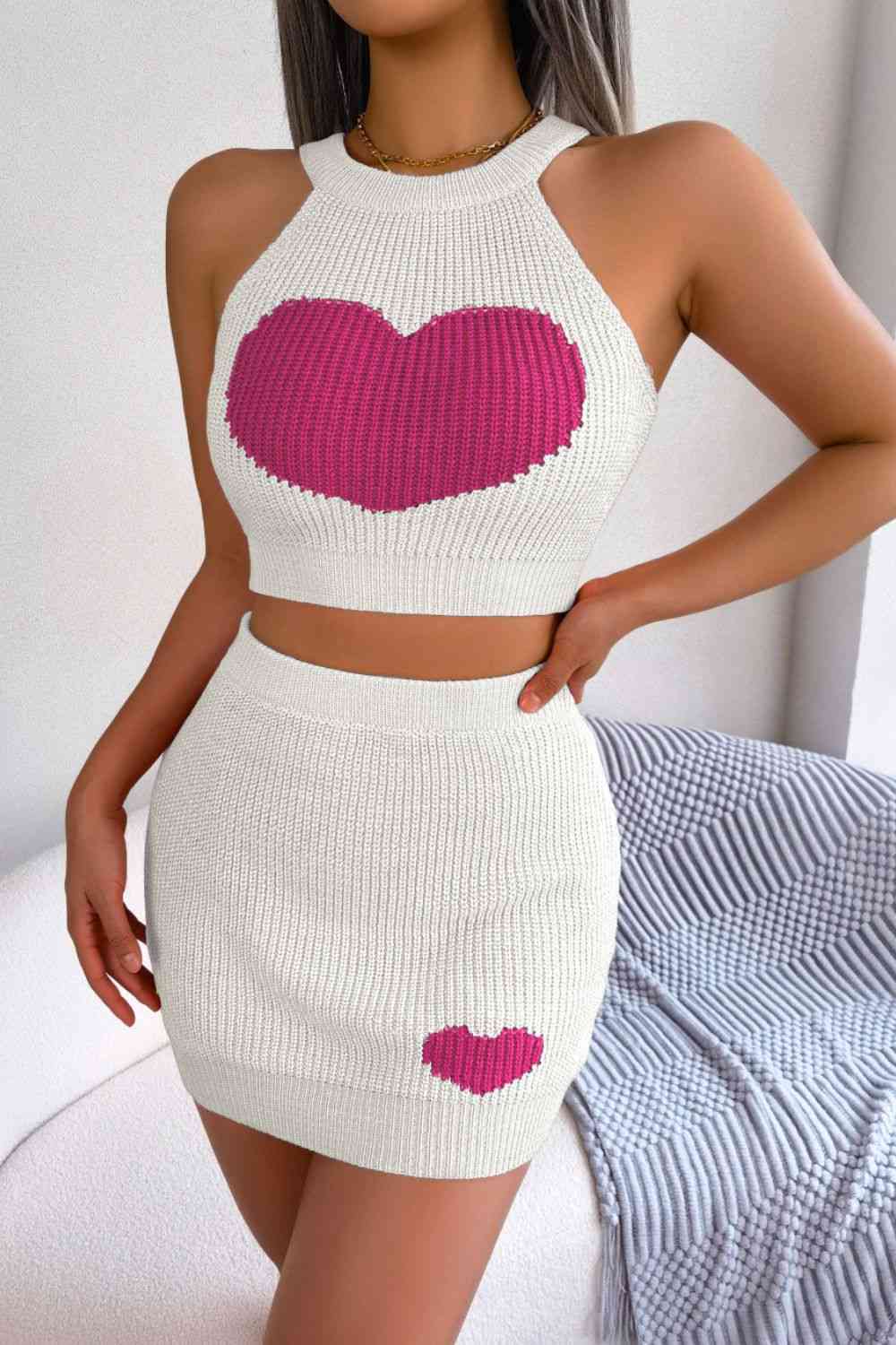 Heart Contrast Ribbed Sleeveless Knit Top and Skirt Set | AdoreStarr