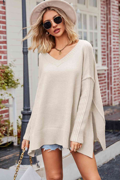 V-Neck Dropped Shoulder Ribbed Sweater | AdoreStarr