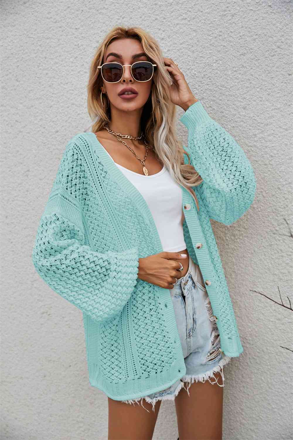 Openwork V-Neck Dropped Shoulder Cardigan | AdoreStarr