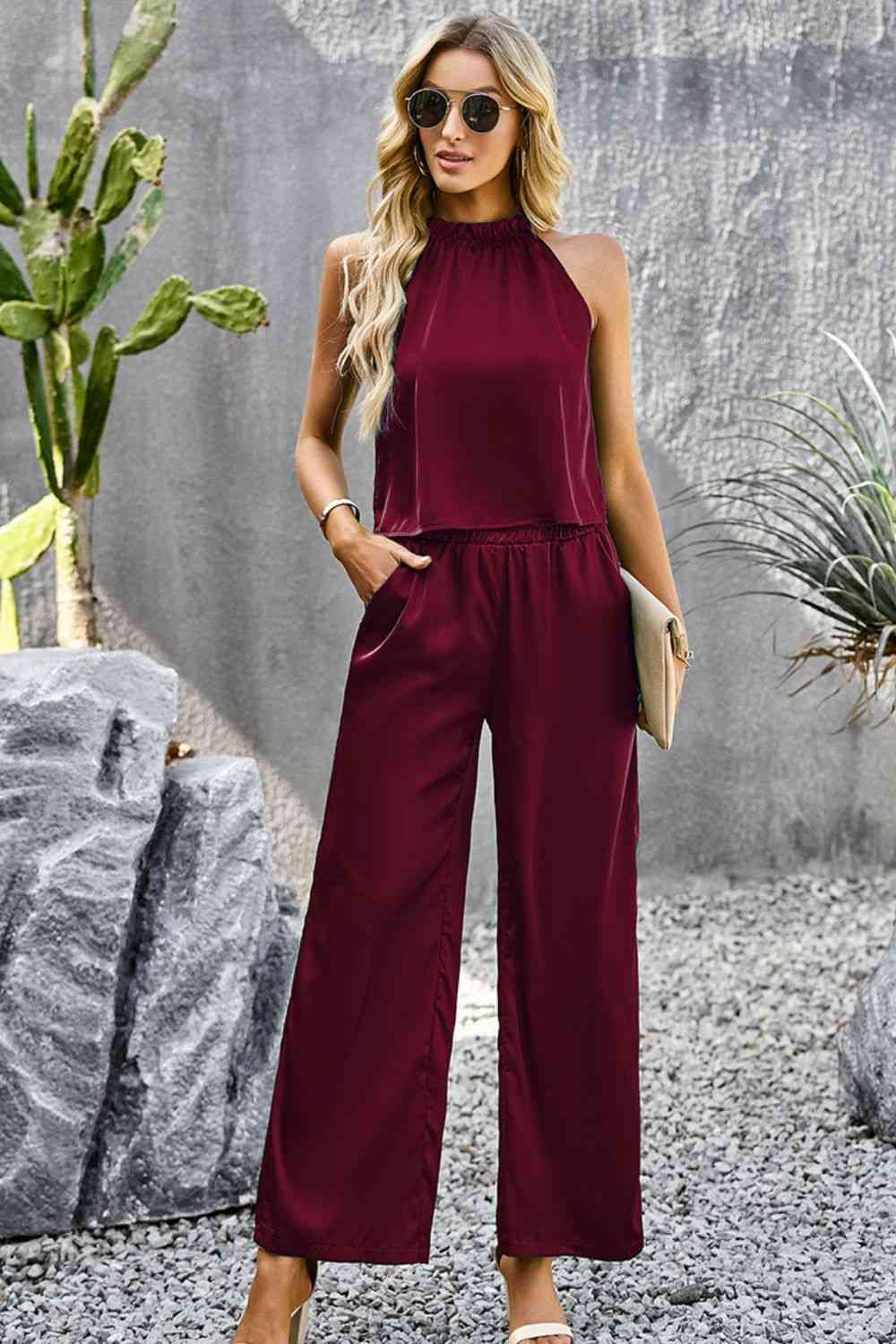 Grecian Neck Sleeveless Pocketed Top and Pants Set | AdoreStarr