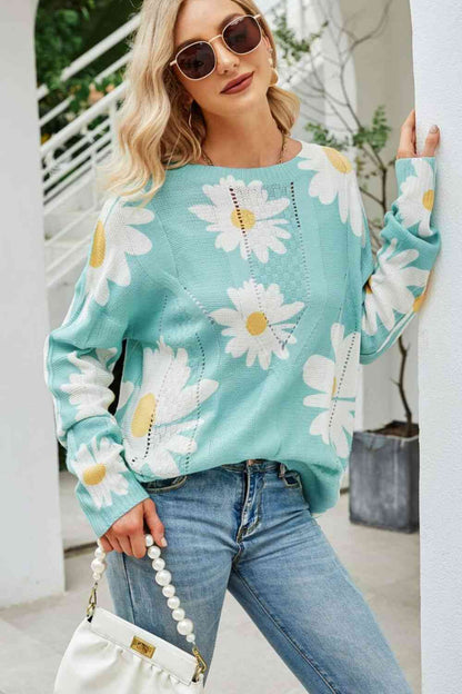 Daisy Print Openwork Round Neck Sweater - Green