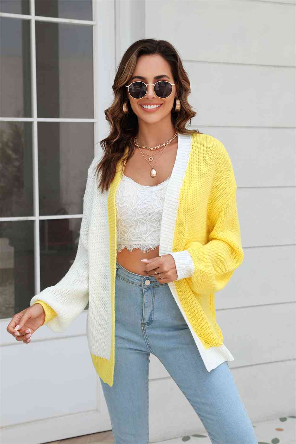 Open Front Contrast Color Balloon Sleeve Cardigan | AdoreStarr