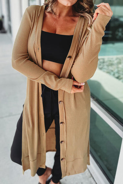 Button Up High-Low Slit Cardigan - Camel