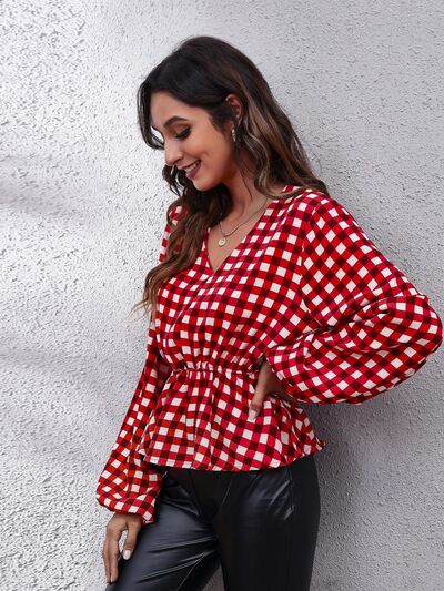 Plaid Balloon Sleeve Peplum Blouse | AdoreStarr