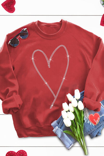 Heart Round Neck Long Sleeve Sweatshirt - Scarlet