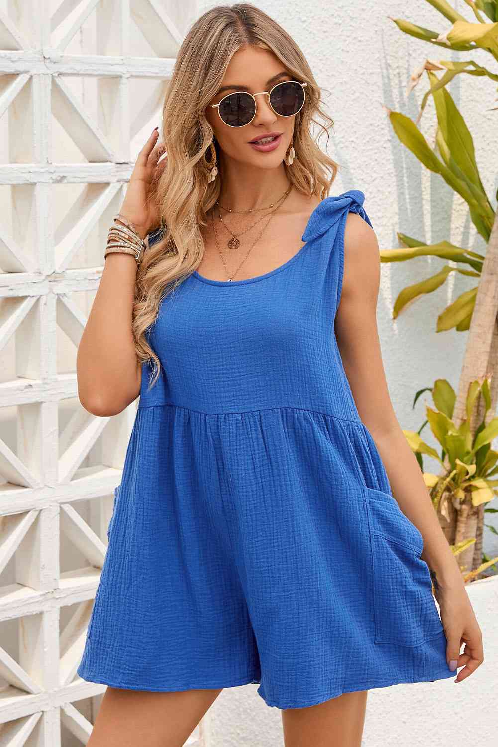 Tie Shoulder Scoop Neck Romper - Royal Blue