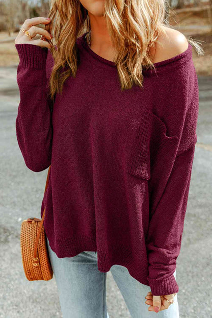 Dropped Shoulder Boat Neck Sweater Pullover | AdoreStarr