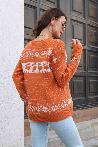 Reindeer & Snowflake Pattern Pullover Sweater | AdoreStarr