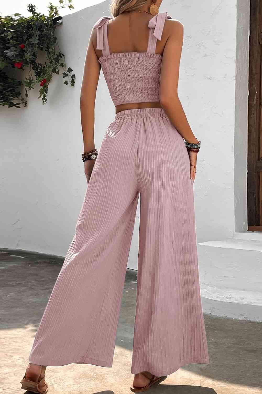 Tie Shoulder Crop Top and Wide Leg Pants Set | AdoreStarr