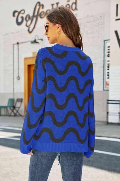 Wave Stripe Ribbed Trim Tunic Sweater | AdoreStarr