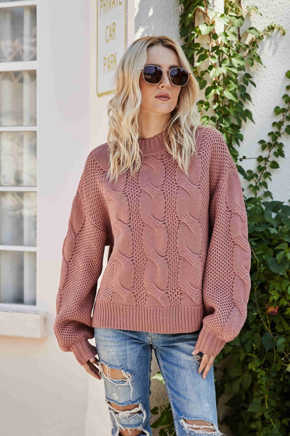 Mixed Knit Crewneck Drop Shoulder Sweater | AdoreStarr