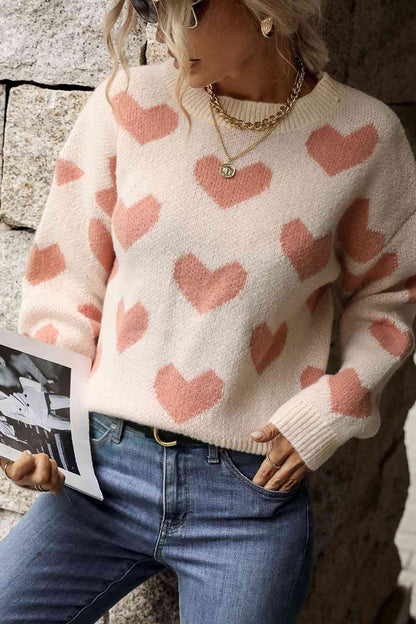 Heart Pattern Dropped Shoulder Sweater | AdoreStarr