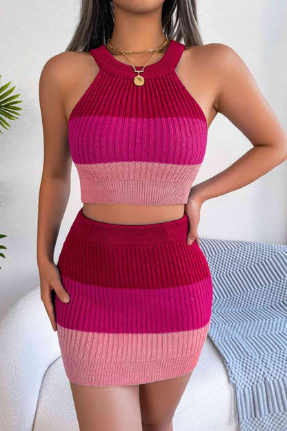 Color Block Sleeveless Crop Knit Top and Skirt Set | AdoreStarr