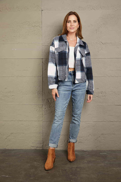 Plaid Button Front Collared Jacket | AdoreStarr