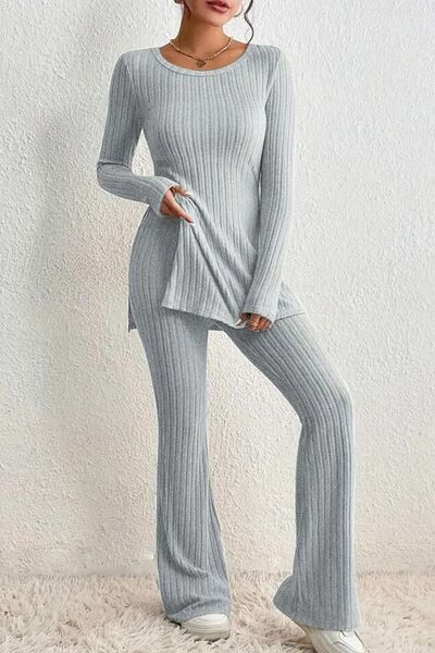 Ribbed Long Sleeve Slit Top and Bootcut Pants Set - Light Gray