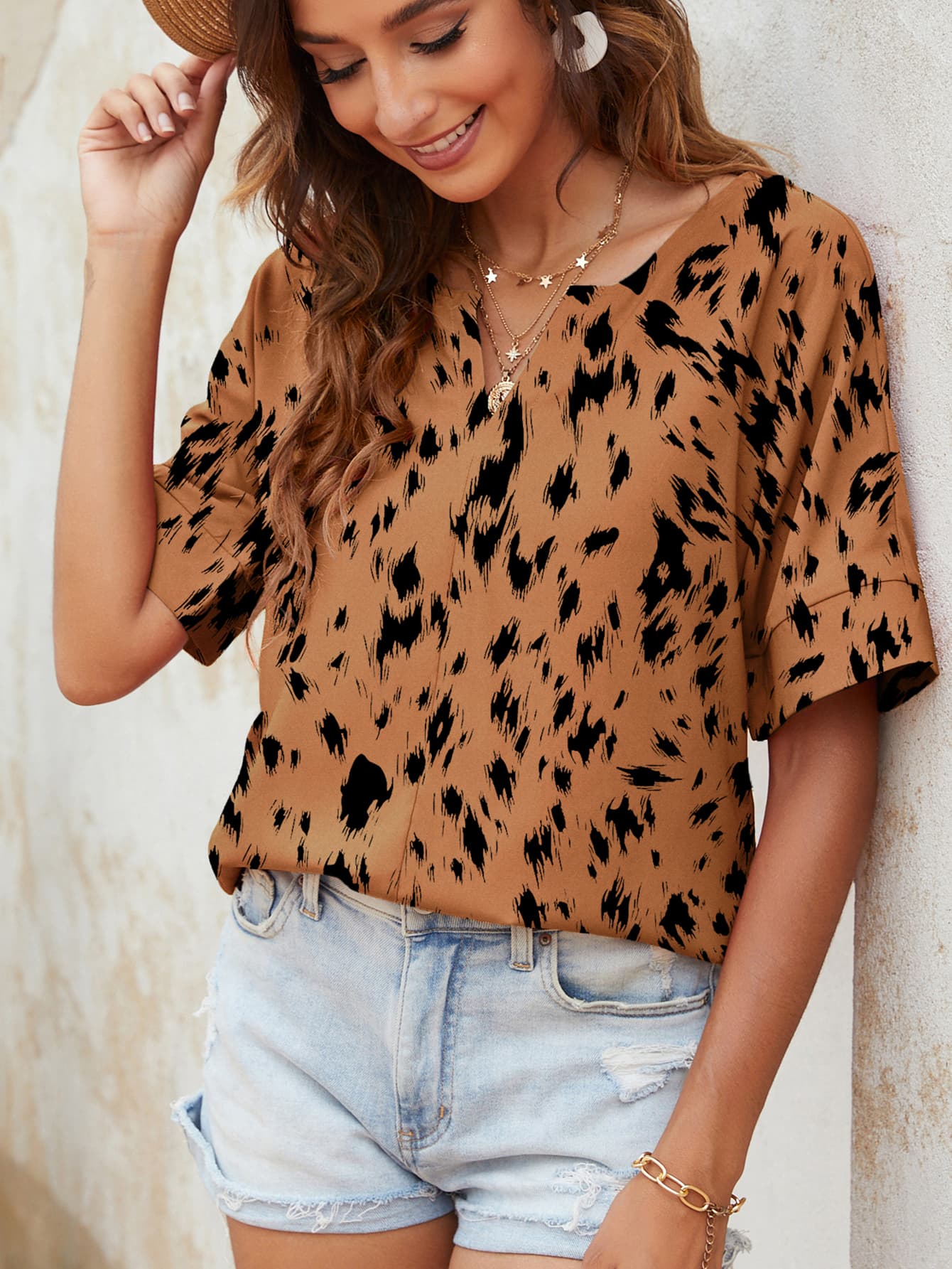 Printed Notched Neck Half Sleeve Blouse | AdoreStarr