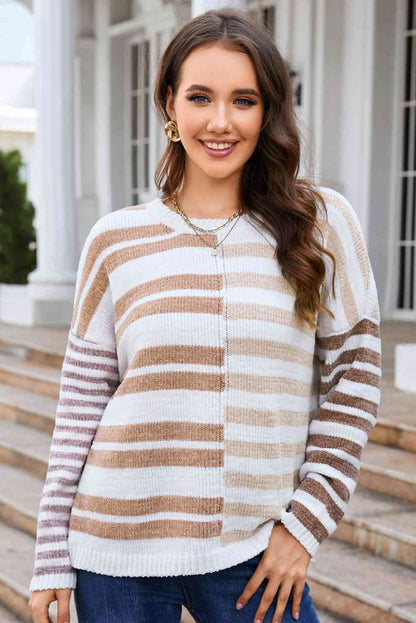 Striped Round Neck Dropped Shoulder Sweater | AdoreStarr