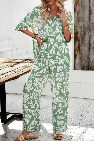 Printed Button Up Shirt and Pants Set | AdoreStarr