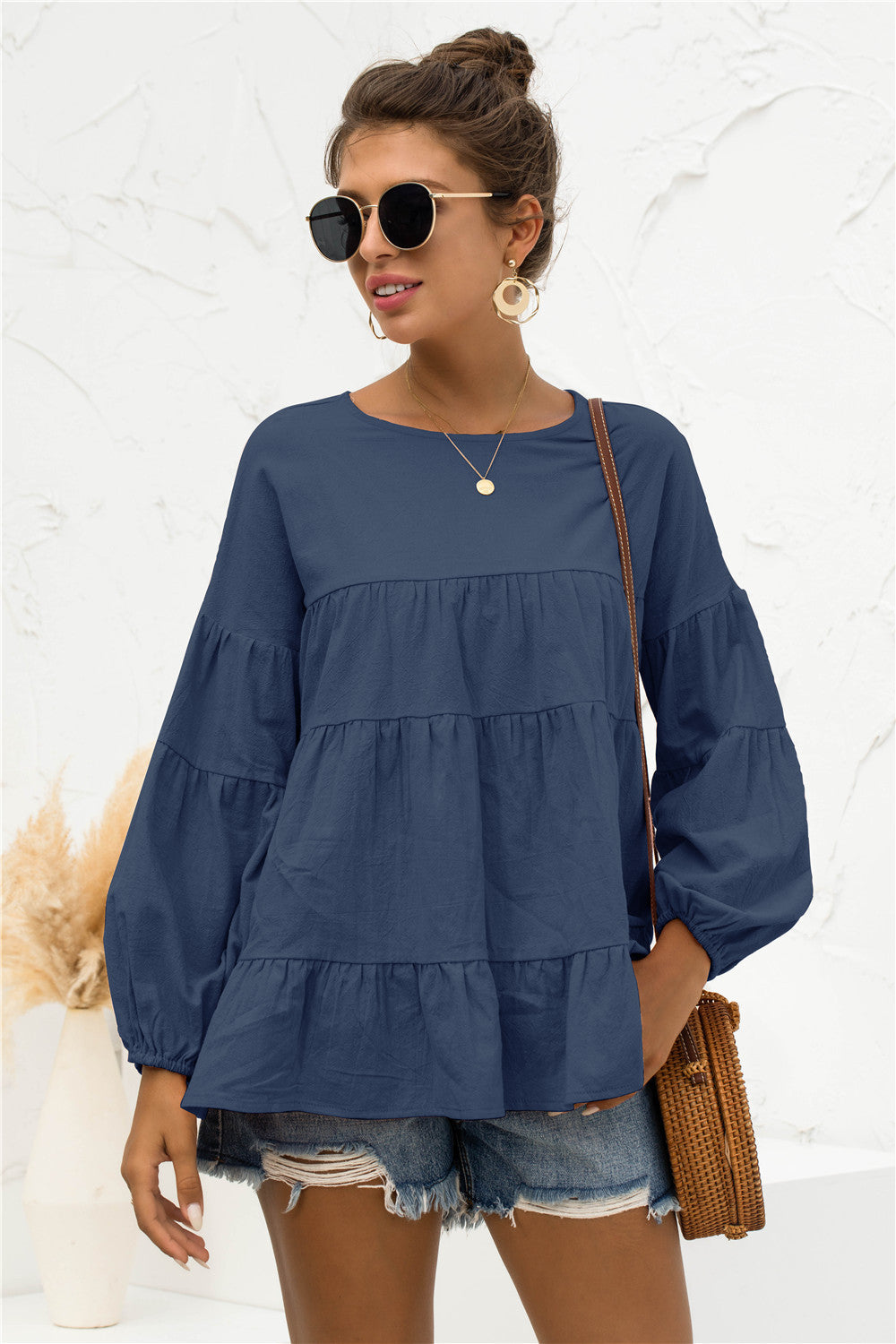 Round Neck Bubble Sleeve Tiered Blouse | AdoreStarr