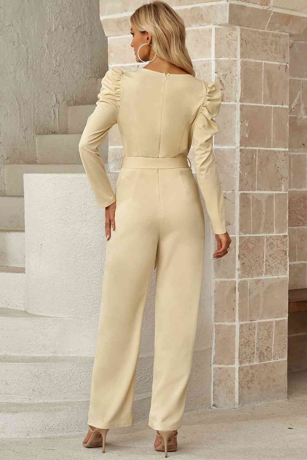 Belted Long Puff Sleeve V-Neck Jumpsuit | AdoreStarr
