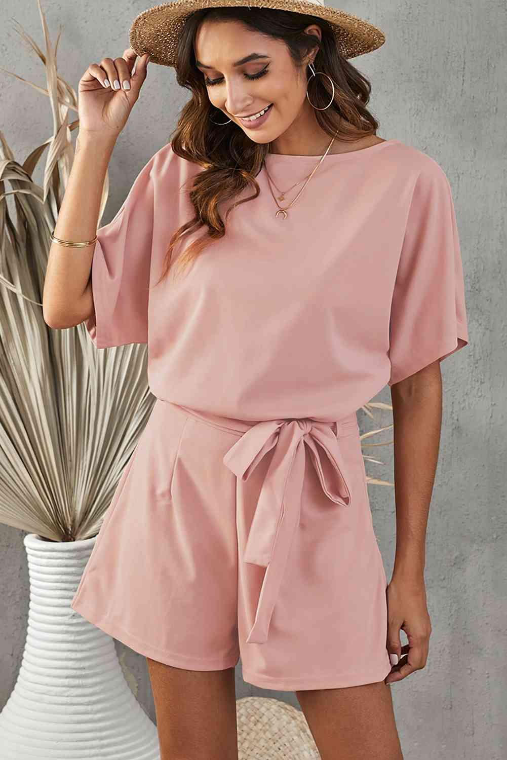 Tie Belt Short Sleeve Romper | AdoreStarr