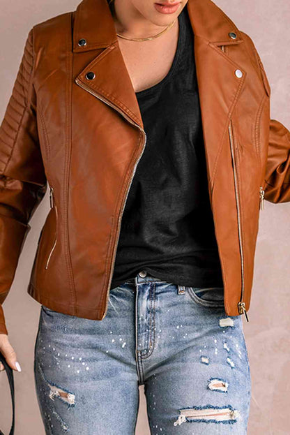 Ribbed Faux Leather Jacket - Brown