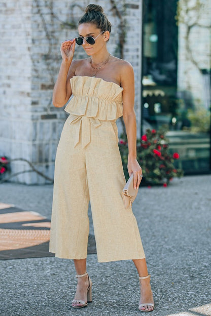 Ruffled Strapless Jumpsuit - Beige