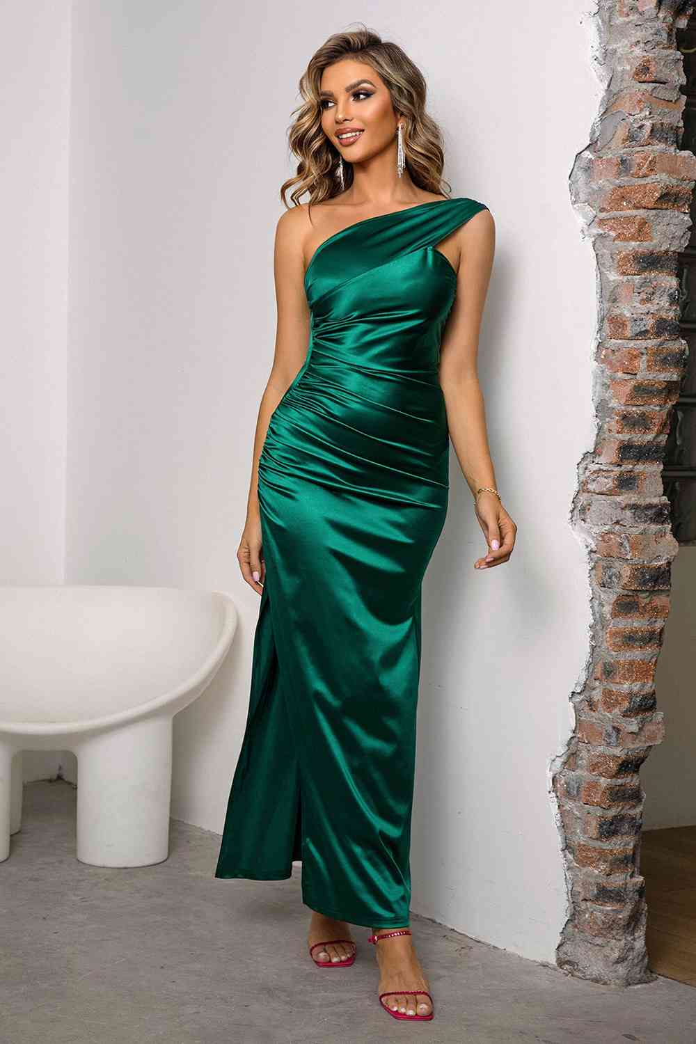 One-Shoulder Ruched Slit Maxi Dress | AdoreStarr