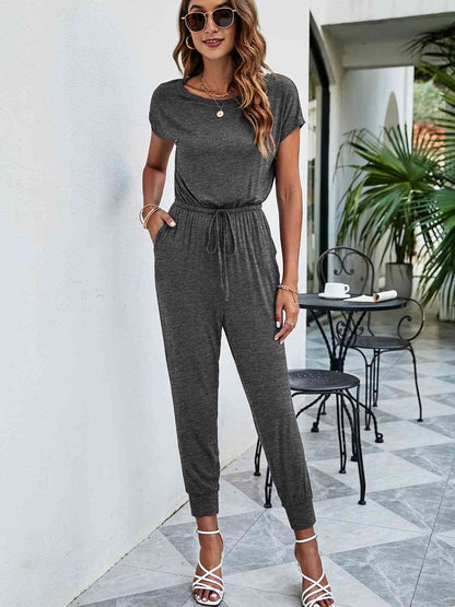 Drawstring Waist Short Sleeve Jogger Jumpsuit | AdoreStarr