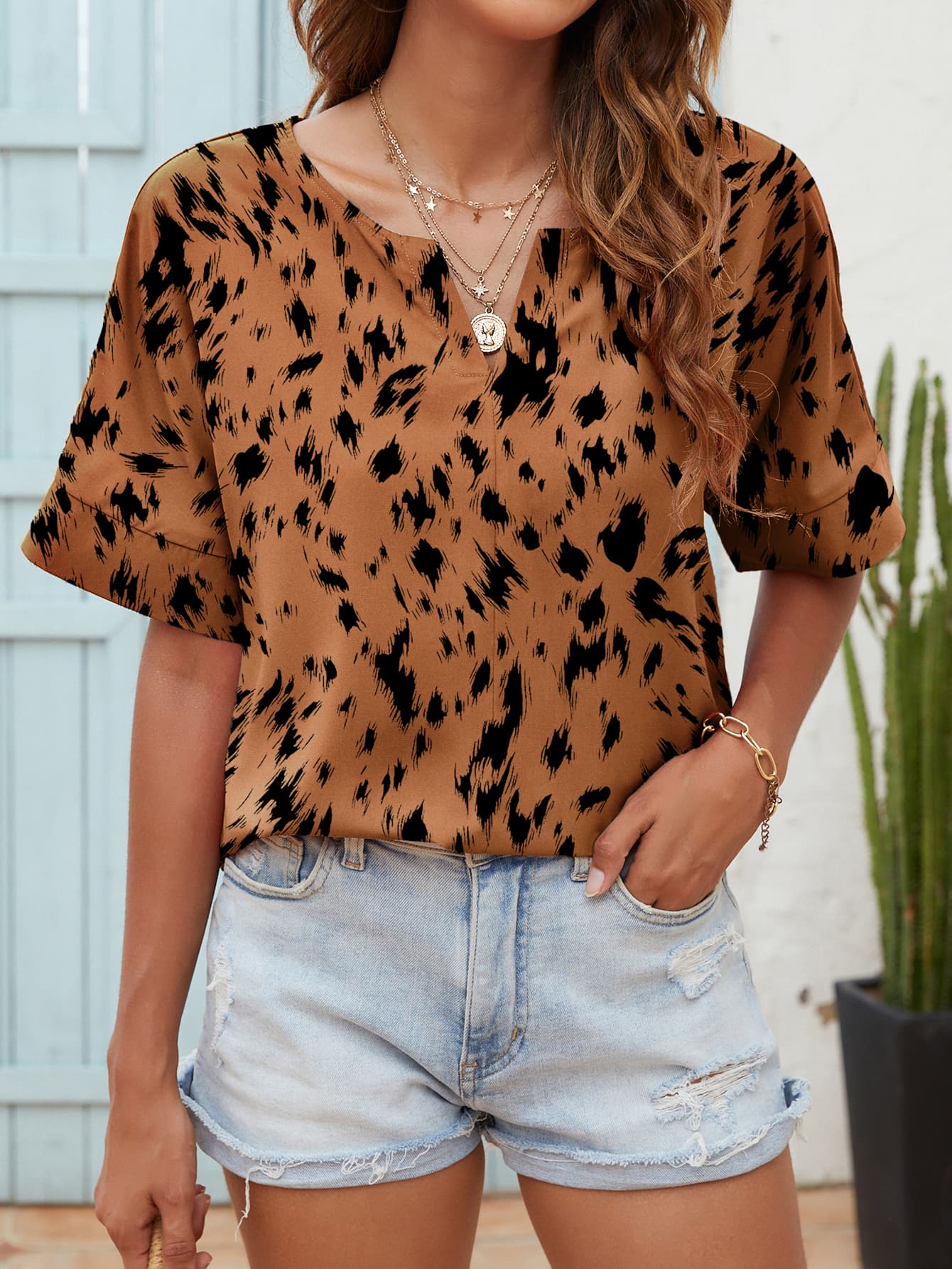 Printed Notched Neck Half Sleeve Blouse | AdoreStarr