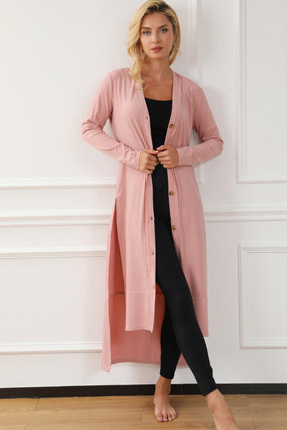 Button Up High-Low Slit Cardigan - Blush Pink