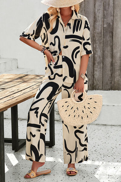 Printed Button Up Shirt and Pants Set | AdoreStarr