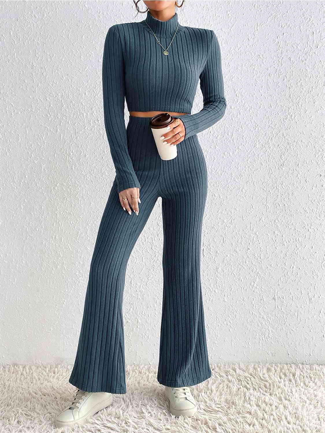 Ribbed Cropped Sweater and High Waist Pants Set - Peacock Blue