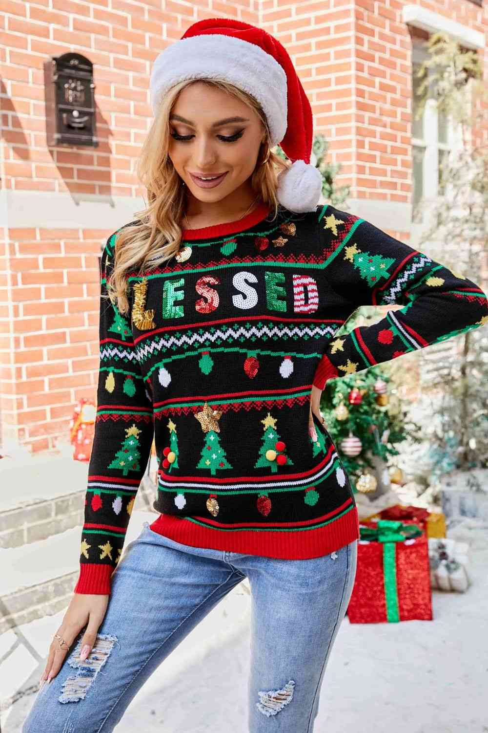 Christmas Print Sequin Sweater | AdoreStarr