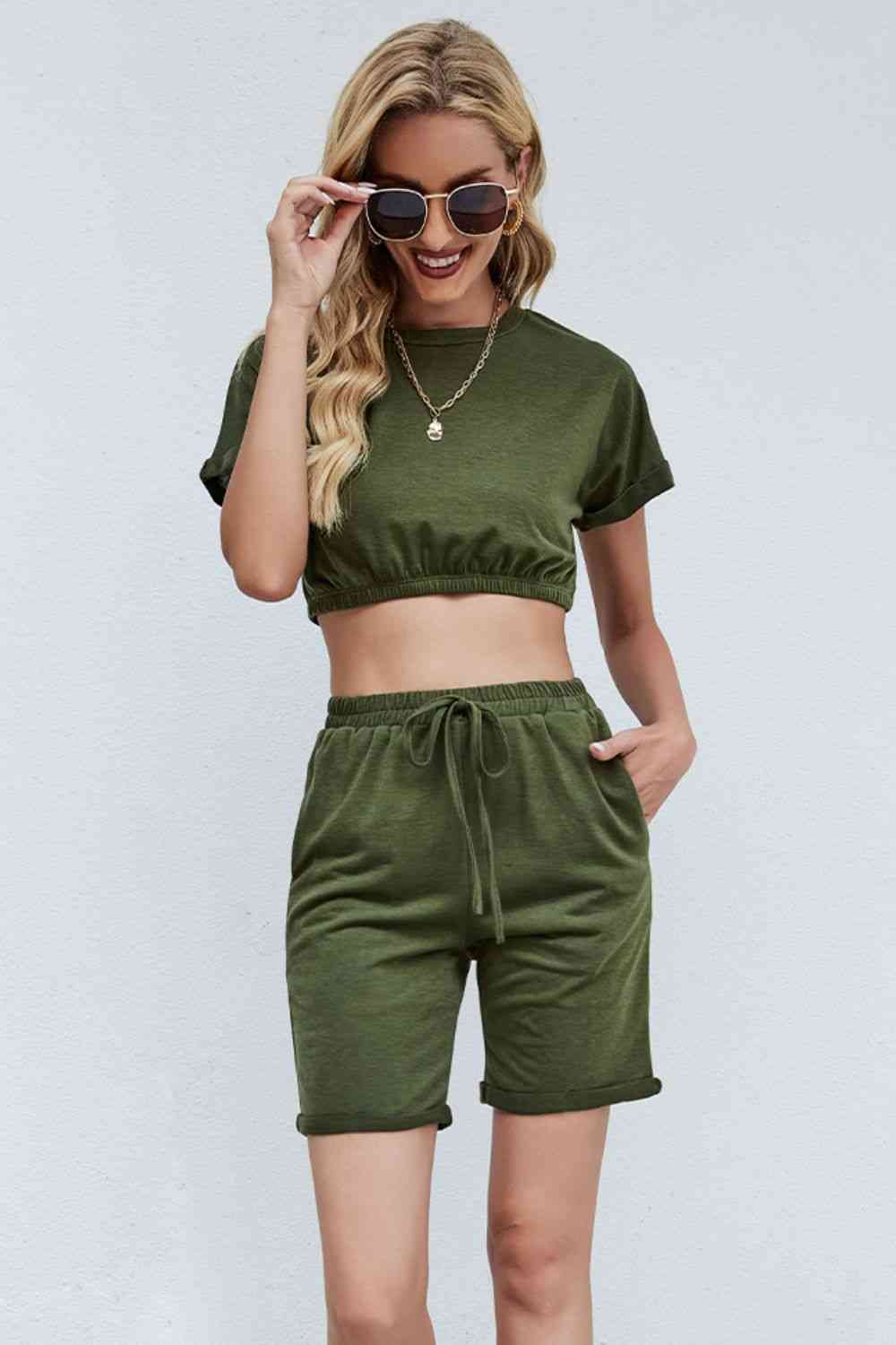 Cropped Tee and Drawstring Waist Shorts Set | AdoreStarr