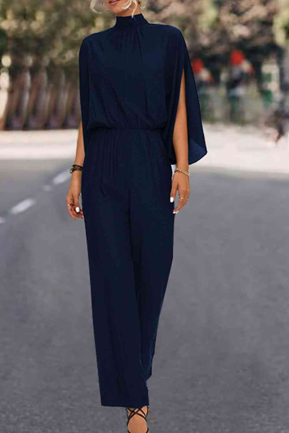 Tie Back Mock Neck Split Sleeve Jumpsuit - Dark Navy Blue