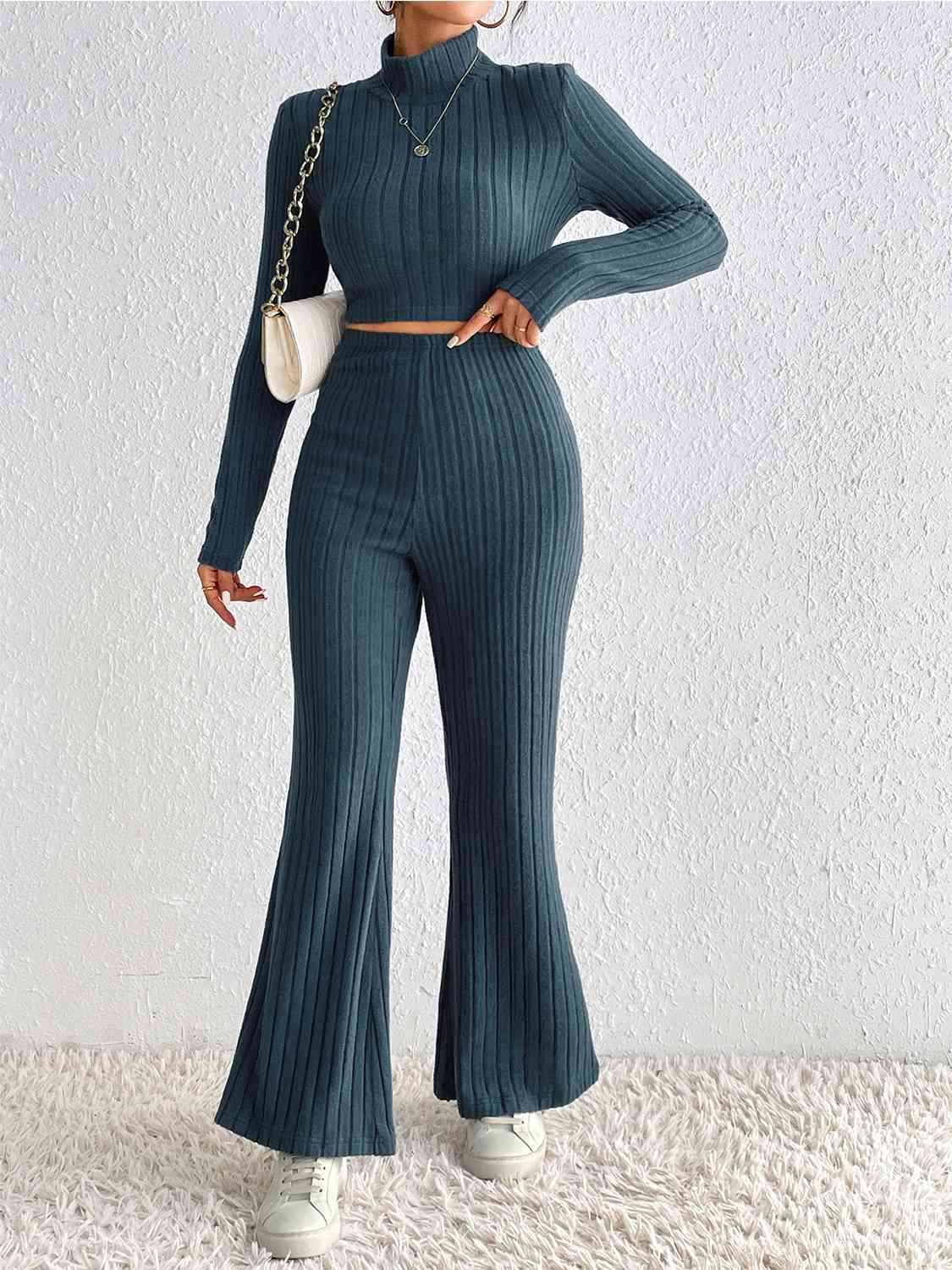 Ribbed Cropped Sweater & High Waist Pants Set | AdoreStarr