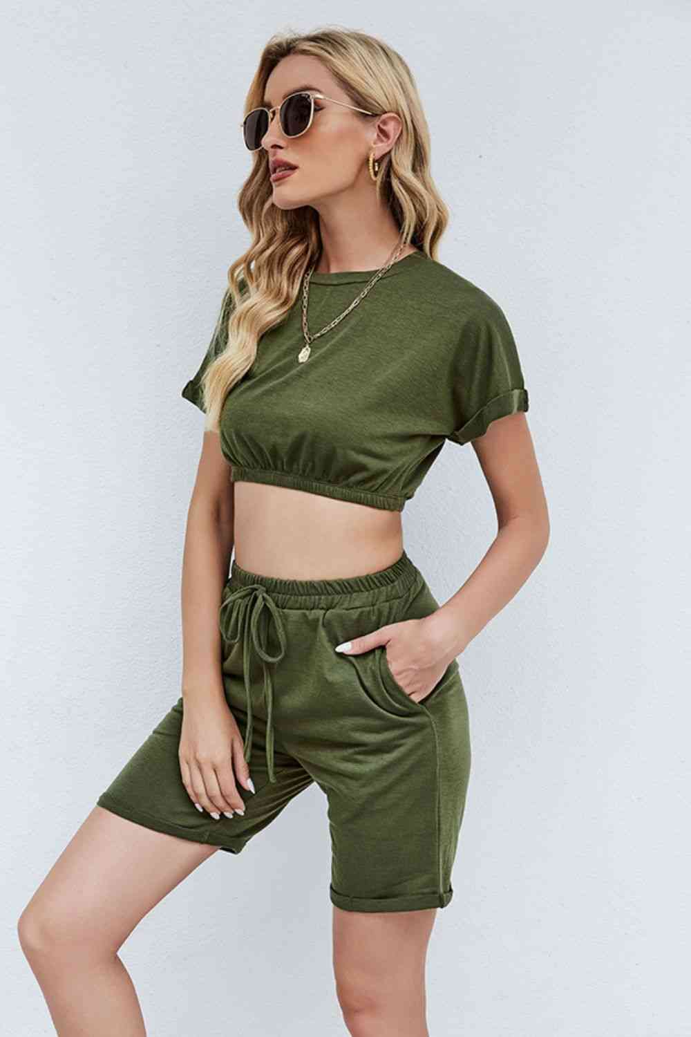 Cropped Tee and Drawstring Waist Shorts Set | AdoreStarr