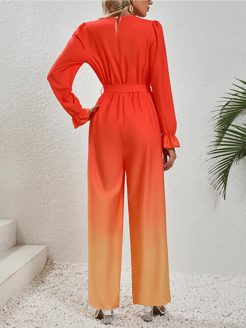 Gradient Tie Front Flounce Sleeve Jumpsuit | AdoreStarr