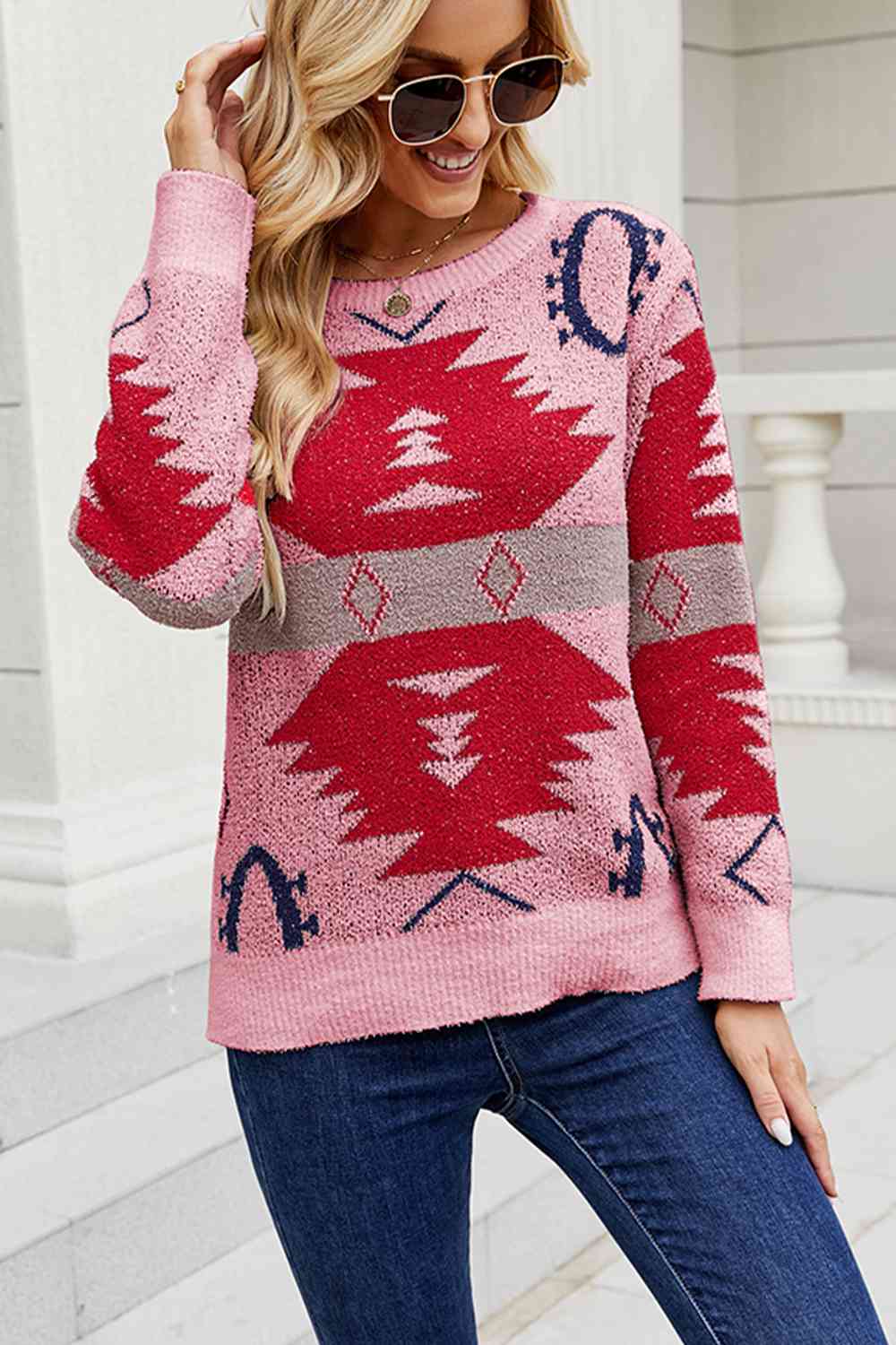 Printed Round Neck Long Sleeve Sweater | AdoreStarr