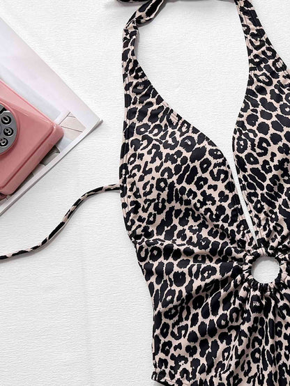 Leopard Halter Neck Ring Detail One-Piece Swimsuit | AdoreStarr