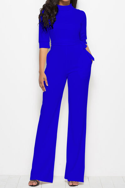 Mock Neck Tie-Waist Half Sleeve Jumpsuit | AdoreStarr