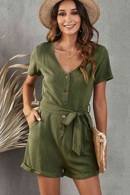 V-Neck Short Sleeve Tie Belt Romper | AdoreStarr