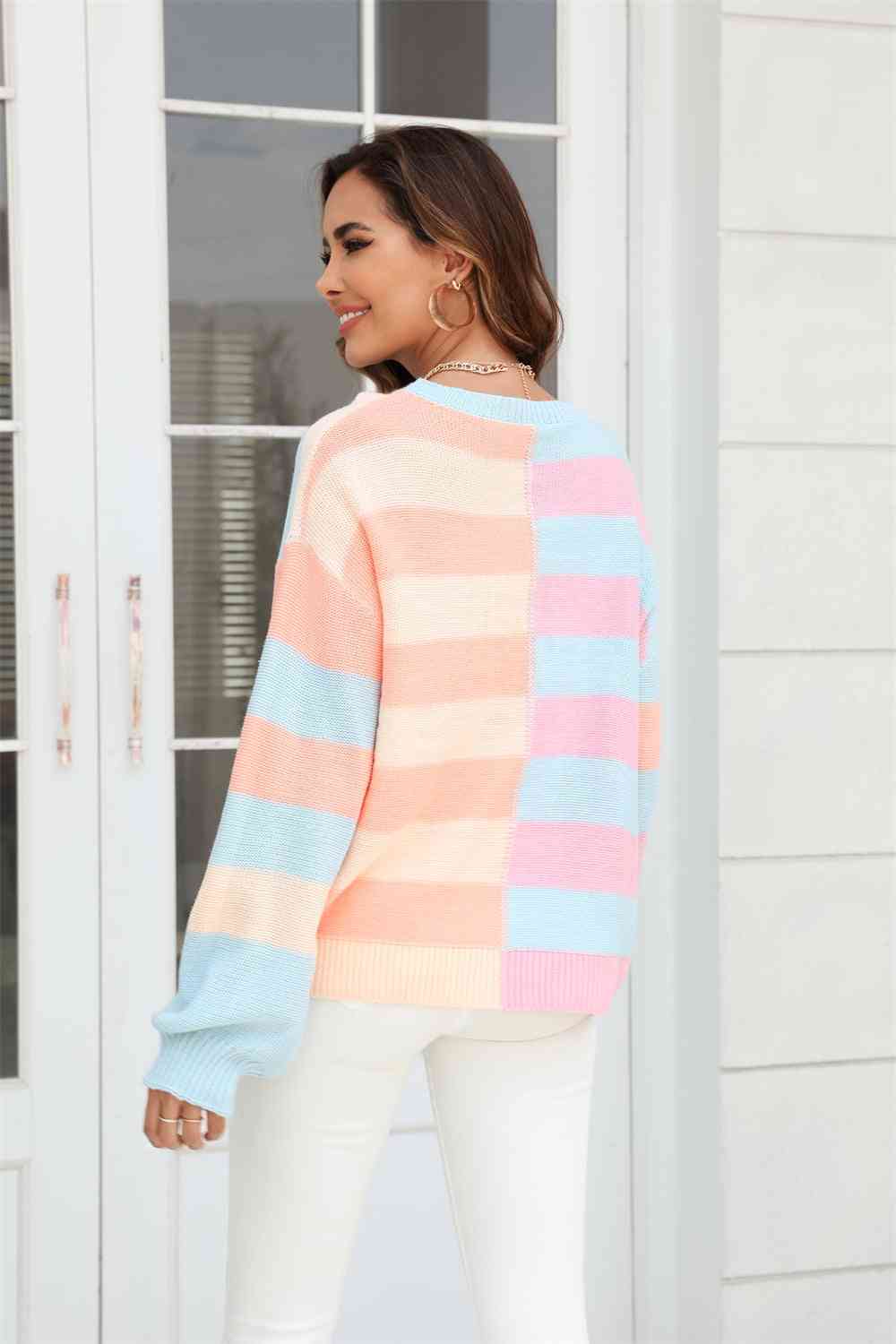 Round Neck Color Block Pullover Sweater - Blush Pink