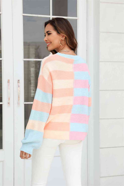 Round Neck Color Block Pullover Sweater | AdoreStarr