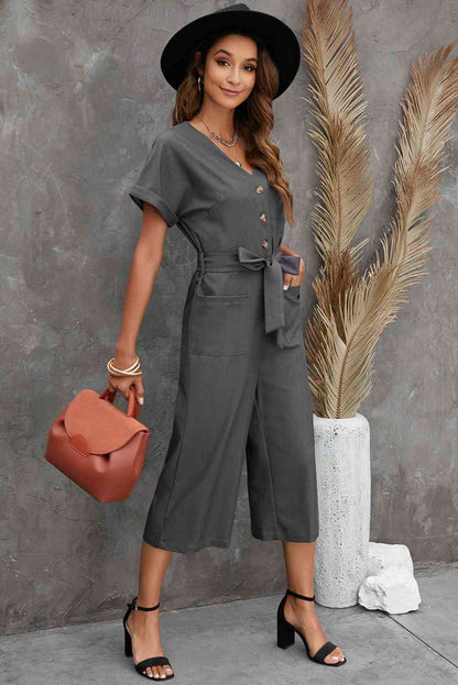 Button Front Belted Cropped Jumpsuit