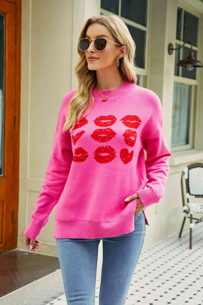 Lip Graphic Slit Dropped Shoulder Sweater - Fuchsia