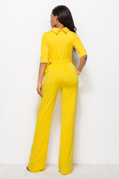 Mock Neck Tie-Waist Half Sleeve Jumpsuit | AdoreStarr