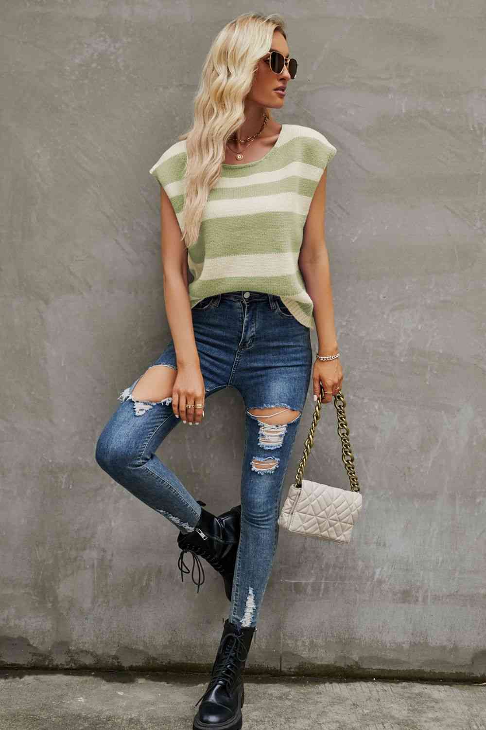 Striped Round Neck Cap Sleeve Knit Top | AdoreStarr