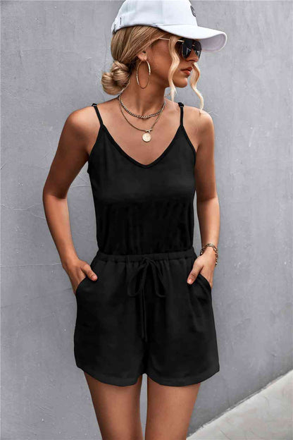 Spaghetti Strap V-Neck Pocket Romper | AdoreStarr